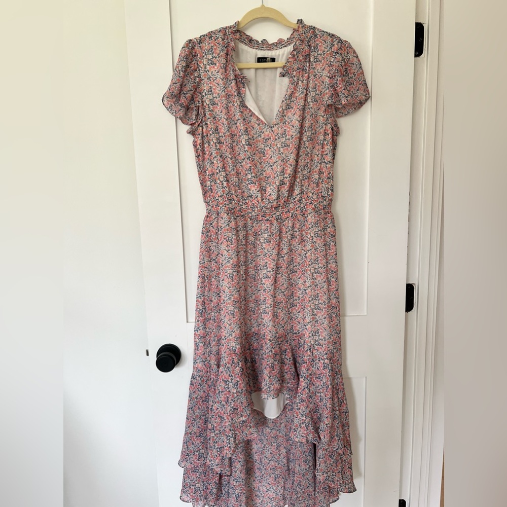 1 State, size L, flutter sleeve, floral asymmetrical dress